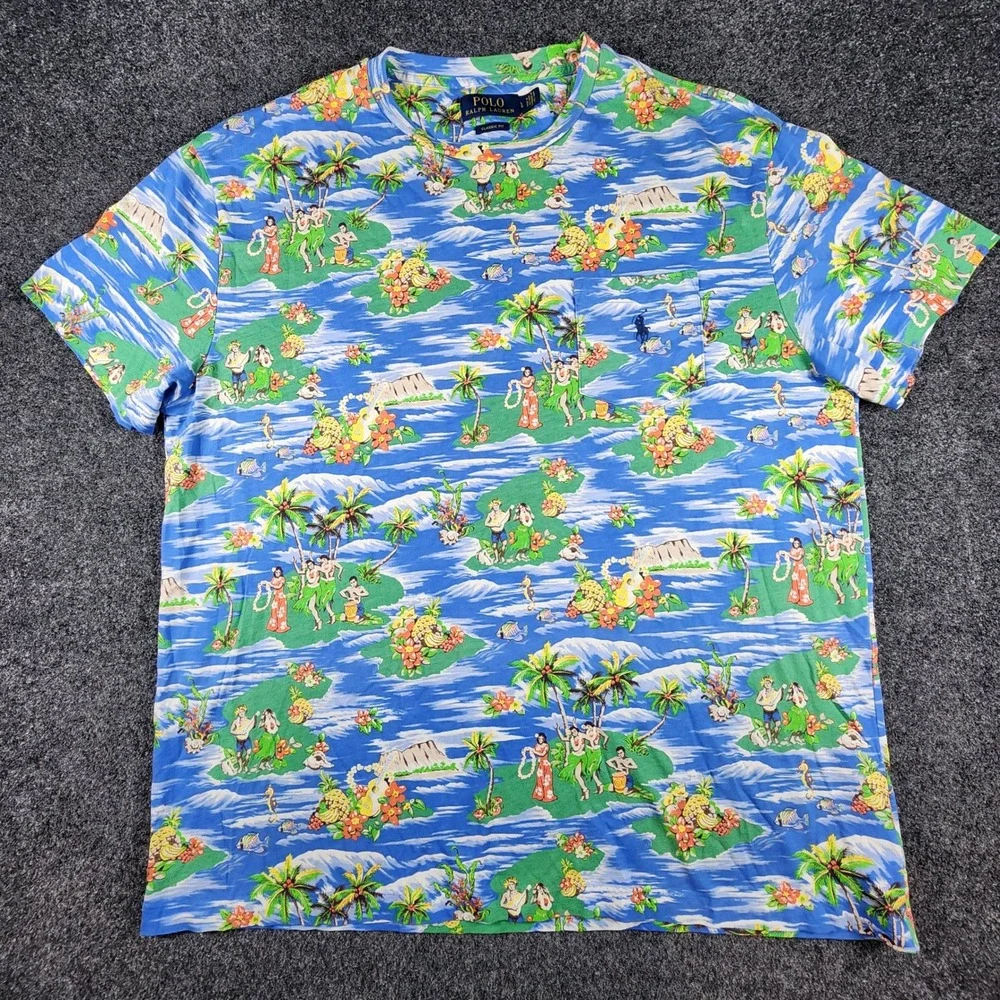Polo Ralph Lauren Blue Hawaiian Hula Girl Island Print T-Shirt Mens L Classic